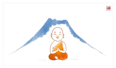 Little meditating buddhist monk in orange robe and blue Fujiyama mountain on white background. Traditional oriental ink painting sumi-e, u-sin, go-hua. Translation of hieroglyph - zen.
