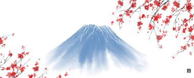 Sakura çiçeği ve Fujiyama dağı beyaz arka planda. Geleneksel oryantal mürekkep boyası sumi-e, u-sin, go-hua. Hiyeroglifin çevirisi - çiçek.