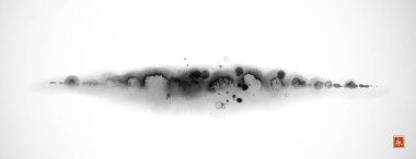 Stylized black ink wash painting of island with forest trees on white background. Traditional oriental ink painting sumi-e, u-sin, go-hua. Hieroglyph - eternity.