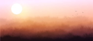 Minimalist autumn landscape with gold misty forest mountains and flock of birds in the sky. Traditional oriental ink painting sumi-e, u-sin, go-hua