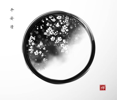 Sakura tree in blossom in black enso zen circle on white background.Traditional oriental ink painting sumi-e, u-sin, go-hua. Hieroglyphs - peace, tranquility, clarity, well-being.