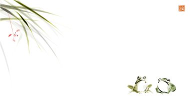 Çim yapraklı iki kurbağa. Geleneksel oryantal mürekkep boyası sumi-e, u-sin, go-hua. Hiyeroglifin çevirisi - refah.