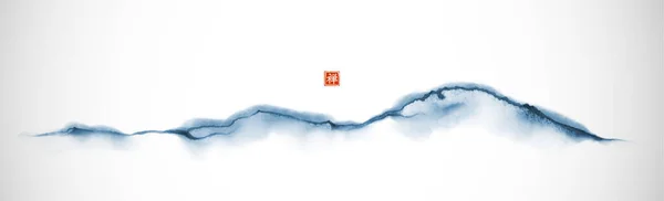 Stylized Blue Ink Wash Painting Mountains White Background Traditional Oriental — Image vectorielle