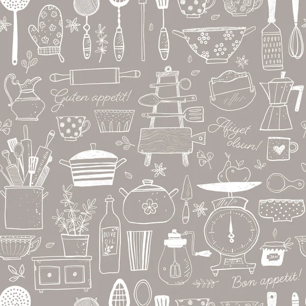 Seamless Pattern Doodle Kitchen Utensils Can Used Wallpaper Pattern Fills — Stock Vector