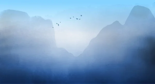 Landscape Blue Misty Mountains Flock Birds Traditional Oriental Ink Painting — Vettoriale Stock