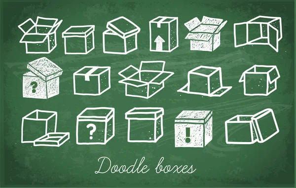 Set Doodle Cardboard Boxes Green Chalkboard Background Vector Sketch Illustration — 스톡 벡터