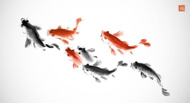 School of koi carps on white background. Traditional oriental ink painting sumi-e, u-sin, go-hua. Translation of hieroglyph - well-being.