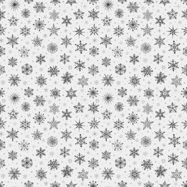 Seamless pattern with snow. Falling snowflakes on white background. Vector illustration with repeat doodle snowflakes. Can be used for wallpaper, pattern fills, textile, web page background, surface textures