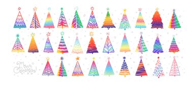 Set of hand-drawn rainbow doodle christmas trees. Christmas vector sketch illustration of holidays decoration.