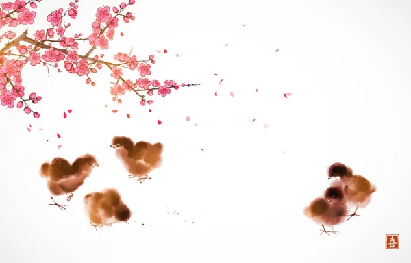 Pássaros Pequenos Bonitos Galinha Sob Árvore Florescendo Sakura Tinta Oriental — Fotografia de Stock