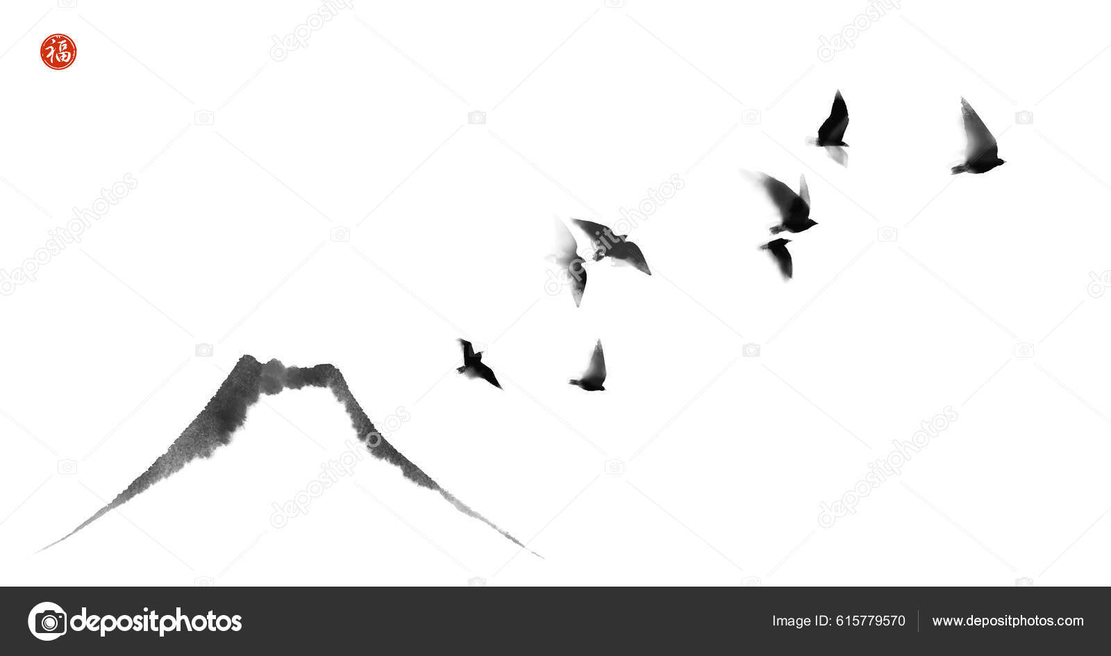 Lukisan Tinta Burung Terbang Hitam Dan Gunung Fujiyama Tinta Tradisional  Vektor Stok oleh ©Elinacious 615779570, image size:1600x945