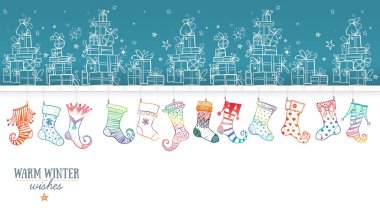 Hediye kutularıyla dolu tebrik kartı ve karalama Noel çorapları. Vektör karalama çizimi.