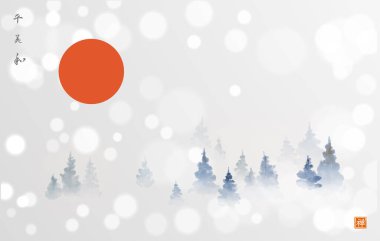 Siste kırmızı güneş ve köknar ağaçları. Geleneksel Japon mürekkep boyası sumi-e. Hiyeroglifin çevirisi - zen, ahenk, güzellik, barış