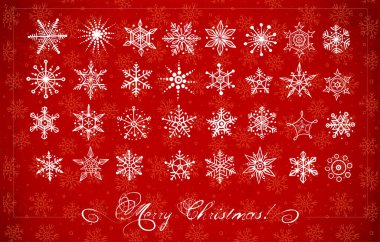 Kırmızı arka planda el çizimi kar taneleri koleksiyonu. Vektör karalama çizimi çizimi