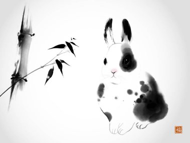 Bambu ağacının altındaki küçük tüylü tavşan. Geleneksel oryantal mürekkep boyası sumi-e, u-sin, go-hua. Hiyeroglifin çevirisi - refah.