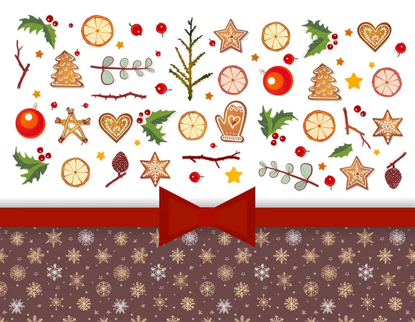 Christmas Greeting Card Holidays Elements White Background Gingerbreads Oranges Red — Διανυσματικό Αρχείο
