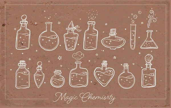 用药瓶 烧杯和试管在褐色包装纸背景上的涂鸦 化学实验室物品的素描 带有魔法药水 矢量说明 — 图库矢量图片