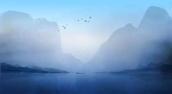 Suyun Üzerinde Sisli Dağ Manzarası Geleneksel Oryantal Mürekkep Boyası Sumi — Stok Vektör