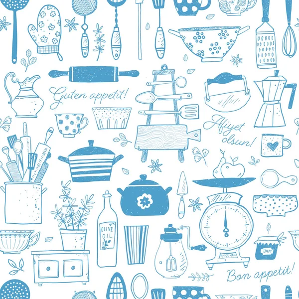 Seamless Pattern Doodle Kitchen Utensils Can Used Wallpaper Pattern Fills — Stock Vector