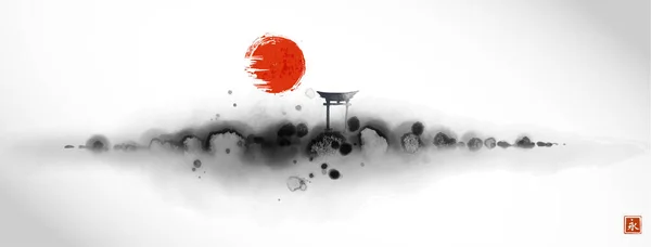 森の木々と神聖な鳥居 大きな赤い太陽と霧の島の風景 伝統的な東洋の水墨画 遊戯王華 ヒエログリフの翻訳 — ストックベクタ