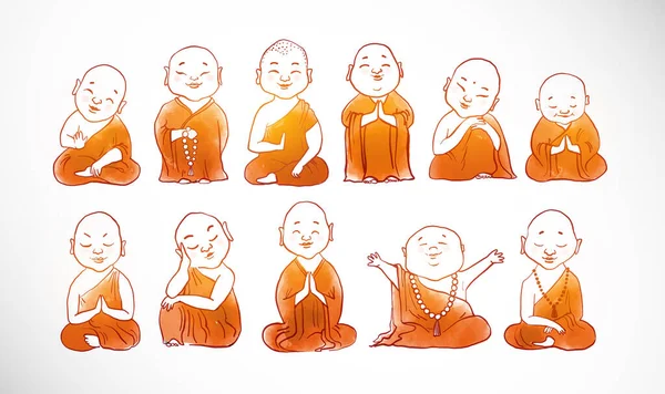 Malý Meditující Buddhističtí Mniši Oranžovém Rouchu Bílém Pozadí — Stockový vektor