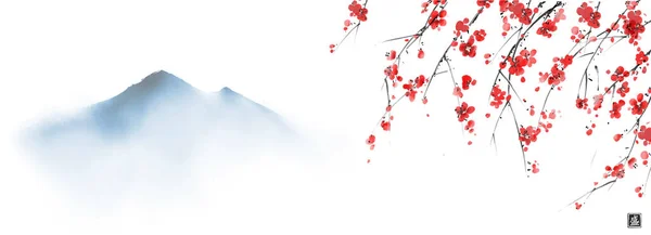 白地に桜梅と遠く青の山を咲かせる水墨画 伝統的な東洋の水墨画 遊戯王華 ヒエログリフ — ストックベクタ