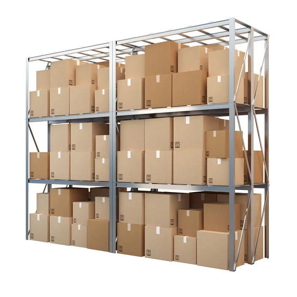 Prateleiras de metal com caixas isoladas em fundo branco Imagem De Stock