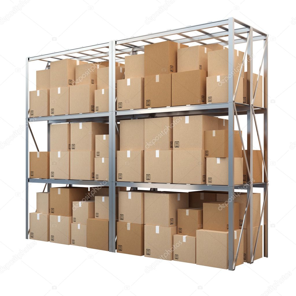 Metal racks with boxes isolated on white background