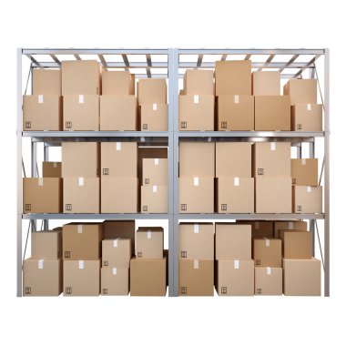 Metal racks with boxes isolated on white background clipart
