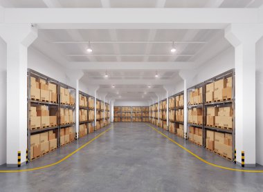 birçok raflar ve kutular ile oluşturulan 3B Ambar