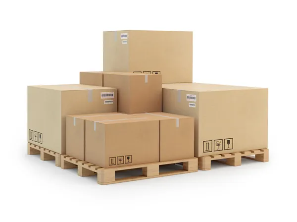 Kartonnen dozen op een pallet. geïsoleerd op witte achtergrond. — Stockfoto