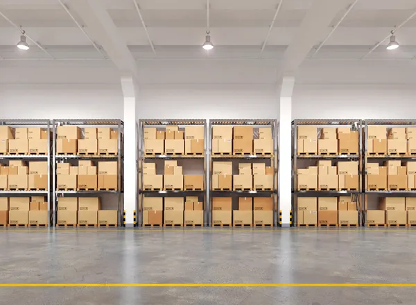 3d rendered warehouse with many racks and boxes — Stock Photo, Image