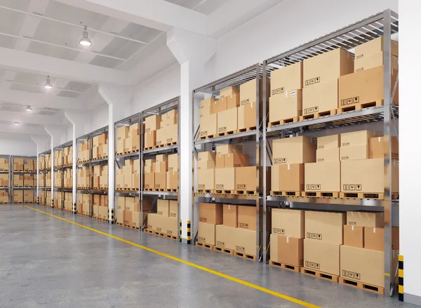 3d rendered warehouse with many racks and boxes — Stock Photo, Image