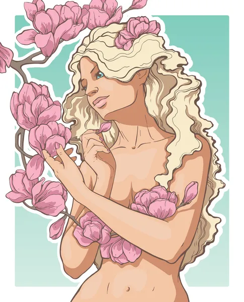 Fille avec des magnolias — Image vectorielle