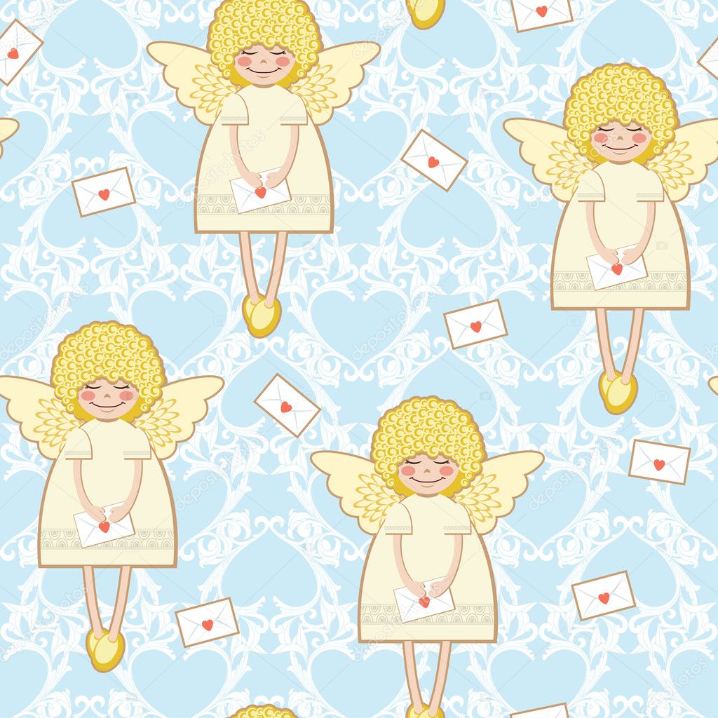 Seamless background with angels and envelopes