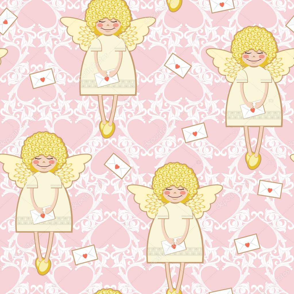 Seamless background with angels and envelopes