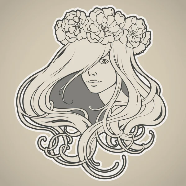 Art nouveau stijl meisje met lange haren in krans — Stockvector