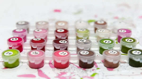 Multicolored Acrylic Paint Palette Drawing New Picture Number Homemade Hobby — Stock Photo, Image