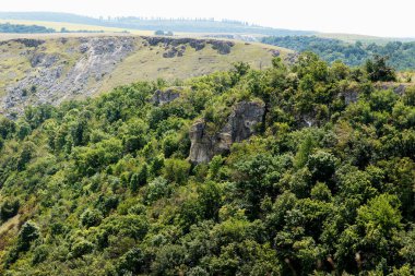 Beautiful natural gorge strewn with hills, grass and trees. Stunning landscape for tourism, top view