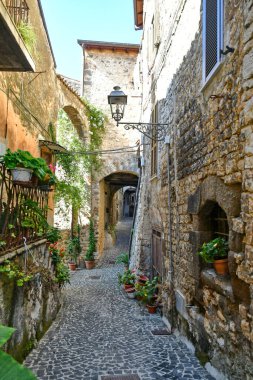 İtalya 'nın Lazio bölgesinin ortaçağ kasabası Villa Santo Stefano' nun dar bir caddesi..