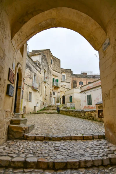Egy Utca Materában Egy Ősi Város Amit Sziklába Építettek Olaszországi — Stock Fotó