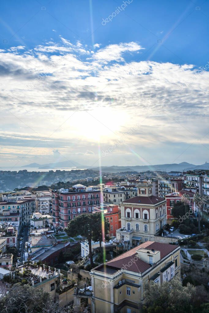 View of the city of Naples from the terrace of an ancient castle, Italy.