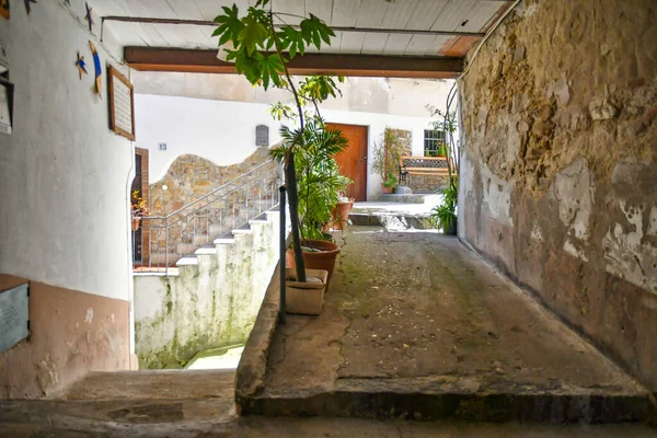 Een Smalle Straat Tussen Oude Stenen Huizen Van Altavilla Silentina — Stockfoto
