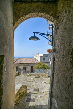 İtalya 'nın Salerno eyaletindeki orta çağ kasabası Castellabate' deki eski taş evler arasında dar bir sokak..