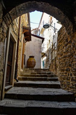 İtalya 'nın Salerno eyaletindeki orta çağ kasabası Castellabate' deki eski taş evler arasında dar bir sokak..