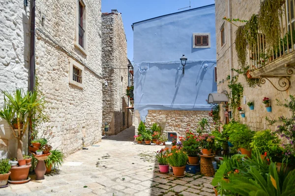 A narrow street between the old houses of Casamassima, an Apulian village in the province of Bari, Italy.