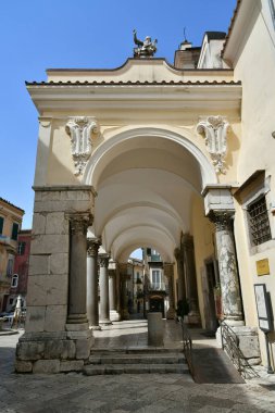 The portico of the cathedral of Sant'Agata de 'Goti, a medieval village in the province of Benevento in Campania, Italy.