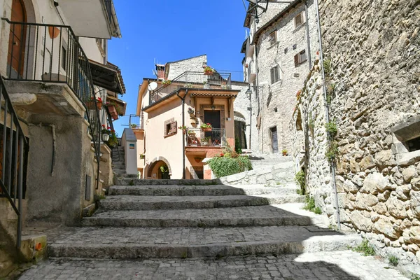 意大利Abruzzo地区的一个中世纪村庄Barrea的旧石屋之间的一条狭窄的街道 — 图库照片