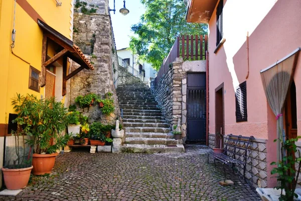 İtalya 'nın Molise bölgesindeki bir ortaçağ köyü olan Frosolone' un eski taş evleri arasında dar bir sokak..