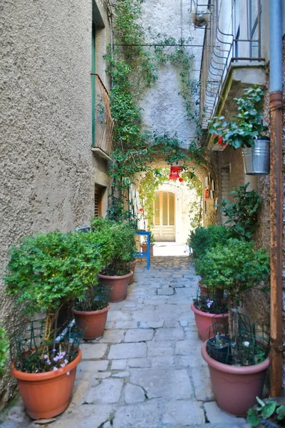 意大利莫利斯地区中世纪村庄奥拉蒂诺的古老石屋之间的一条狭窄街道 — 图库照片